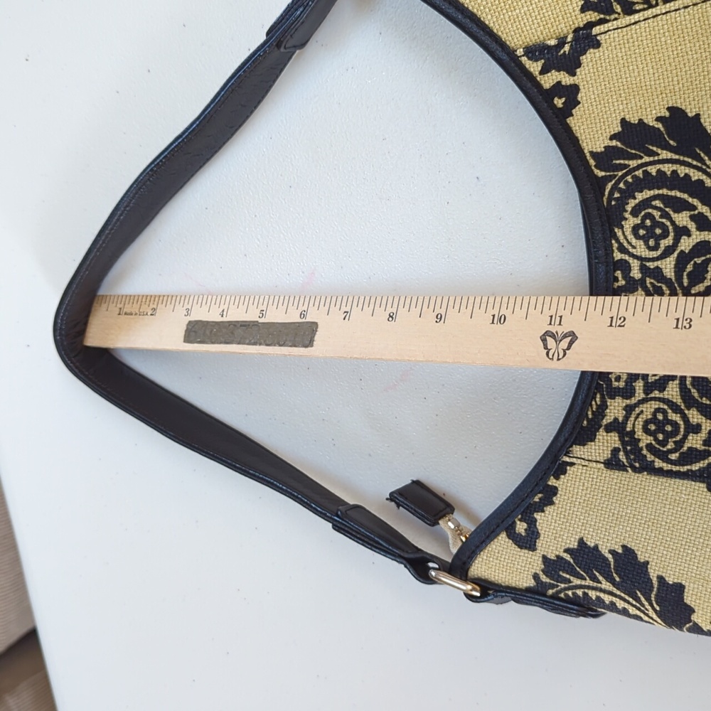 Spartina, Black and tan floral Paisley linen and leather shoulder bag. - Picture 11 of 13